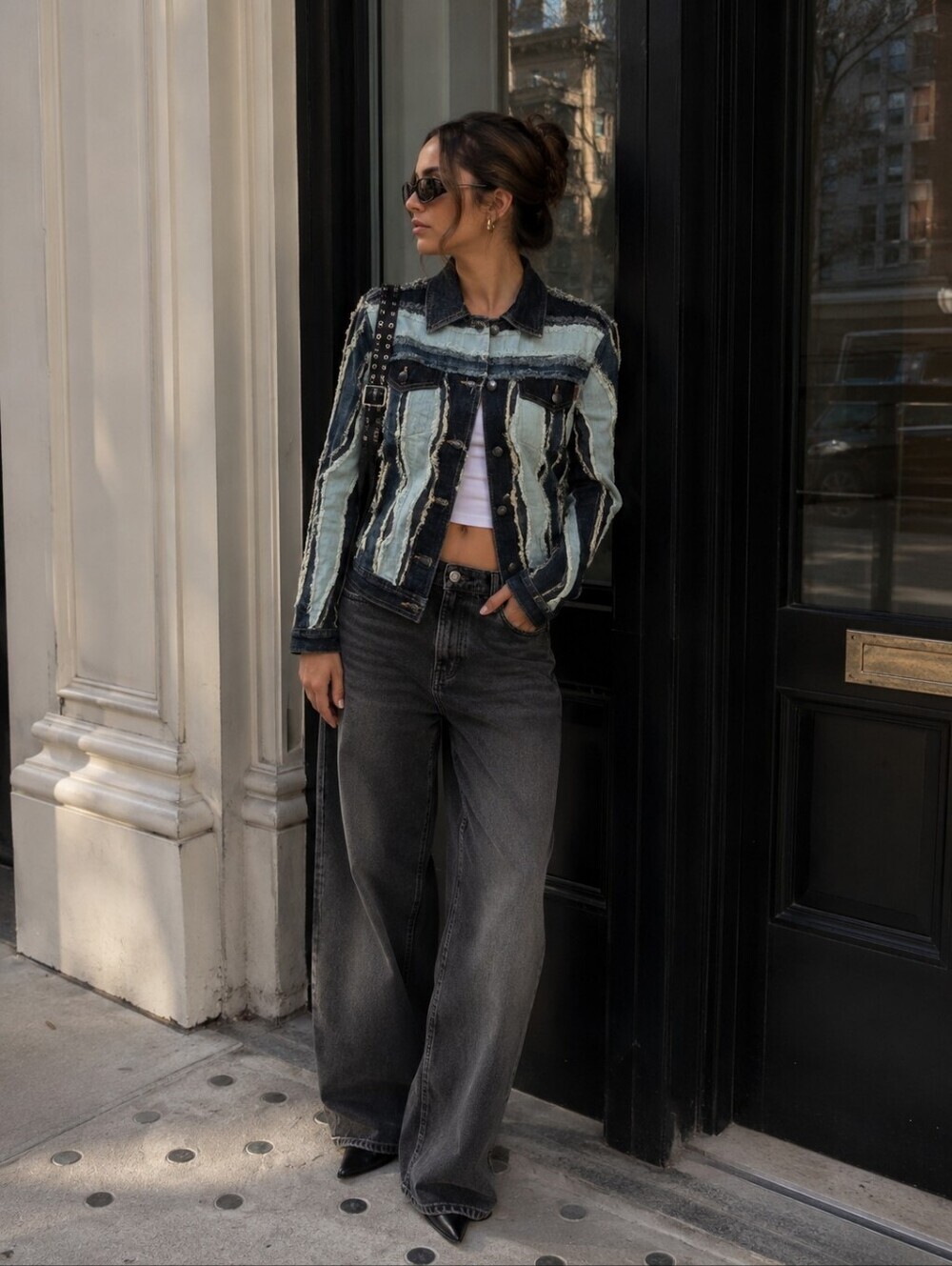 Rare Moschino Jeans Frayed Patchwork Denim Jacket Y2K Boho Grunge Size 8 Luxury